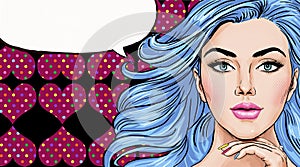 Pop Art illustration of girl with the speech bubble.Pop Art girl. Party invitation. Birthday greeting card.Hollywood movie star.