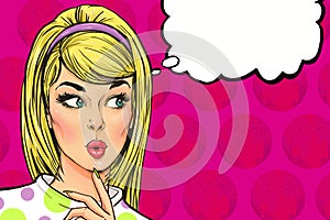 Pop Art illustration of girl with the speech bubble.Pop Art girl.Party invitation.Birthday greeting card.Hollywood movie star.