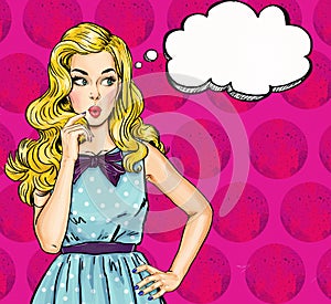 Pop Art illustration of girl with the speech bubble.Pop Art girl.Party invitation.Thinking woman