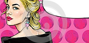 Pop Art illustration of girl with the speech bubble.Pop Art girl.Thinking woman