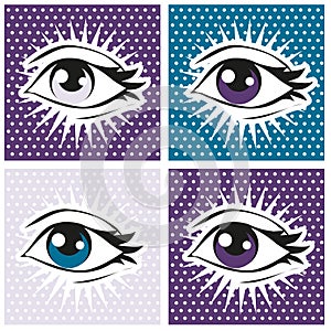 Pop art illustration of human eye and lashes on dot background