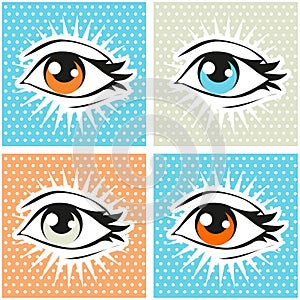 Pop art illustration of human eye and lashes on dot background