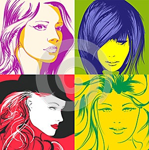 Pop art illustration. Lovely woman faces