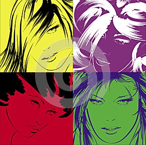 Pop art illustration. Lovely woman faces