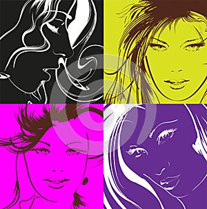 Pop art illustration. Lovely woman faces