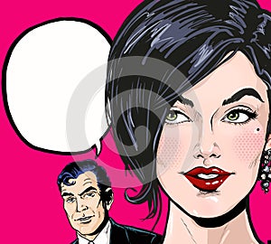 Pop art illustration of man with amazed woman with speech bubble. Advertising poster.Couple conversation. Whispering secrets.