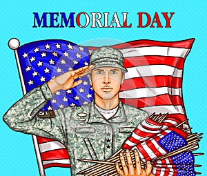 pop art illustration for a memorial day - a male soldier against an American flag
