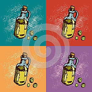 Pop art illustration of olive oil . Botle of oil. Cartoon vector illustration.