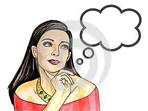 Pop Art illustration of pensively woman with the speech bubble.