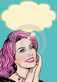 Pop Art illustration of pink head girl on Pop art background. Pop Art girl. Party invitation. Birthday greeting card. Advertising