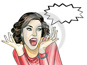 Pop Art illustration of surprise woman with the speech bubble.