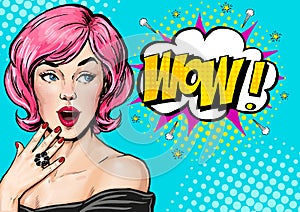 Pop Art illustration, surprised girl. Comic woman. Wow. Advertising poster. Pop Art girl. Birthday greeting card. Advertising post