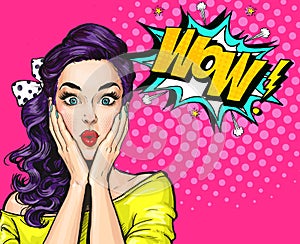 Pop Art illustration, surprised girl.Comic woman. Wow.Advertising poster. Pop Art girl. Party invitation. Birthday greeting card.