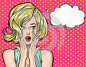 Pop Art illustration, surprised girl. Movie star. Comic woman.