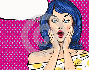 Pop Art illustration of surprised girl with the speech bubble.Pop Art girl.Party invitation. Birthday greeting card.