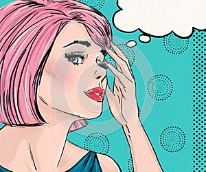 Pop Art illustration of surprised woman with the speech bubble.Pop Art girl. Comic book illustration. Pop Art woman.