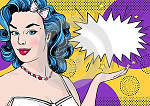 Pop Art illustration of woman with the comic speech bubble .Pop Art girl. Party invitation. Birthday greeting card.Cute girl