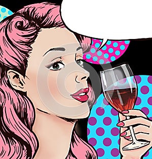 Pop Arte de la ilustración de la mujer con la copa de vino con forma de burbuja.