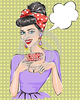 Pop Art illustration woman with morning cup of tea. Pin-up girl speech bubble. Fashion, wife