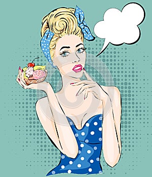 Pop Art illustration woman with morning cup of tea. Pin-up girl speech bubble. Fashion, wife