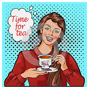 Pop Art illustration of woman with morning cup of tea. Pin-up girl speech bubble.