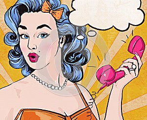 Pop Art illustration of woman with the speech bubble ant retro telephone.