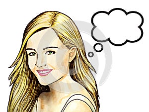 Pop Art illustration of woman with the speech bubble. Beautiful smile. White background.