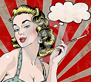 Pop Art illustration of woman with the speech bubble and cigarette.Pop Art girl.Party invitation.Birthday greeting card.