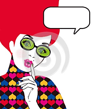 Pop Art illustration of woman with the speech bubble in glass.Pop Art girl. Party invitation. Birthday greeting card.