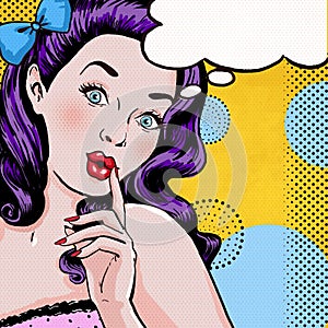 Pop Art illustration of woman with the speech bubble.Pop Art girl.Birthday greeting card.