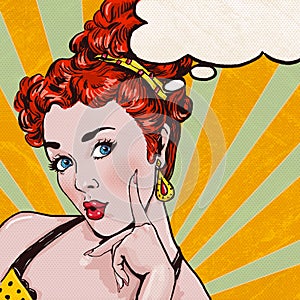 Pop Art illustration of woman with the speech bubble.Pop Art girl.Birthday greeting card.