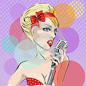 Pop Art illustration of young woman singing with microphone