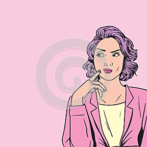 Pop art illustration of young woman thinking something out