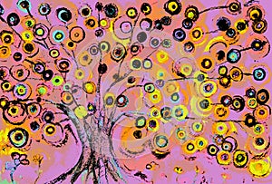 A pop art impression of lollipops growing on a tree by day.