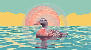 Pop-art Inspired Graphic Design: A Duck Swimming Through A Sunset Ocean