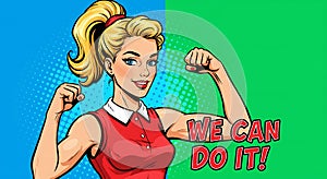 Pop art-inspired illustration featuring a confident woman with a ponytail striking a photo