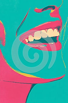 Pop art-inspired image featuring a close-up of a mouth, highlighted in vibrant pink photo