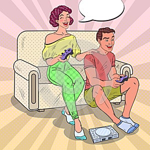 Pop Art Joyful Couple Playing Video Game. Girl and Guy with Console Joystick