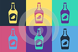 Pop art Ketchup bottle icon isolated on color background. Hot chili pepper pod sign. Barbecue and BBQ grill symbol