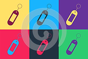 Pop art Key chain icon isolated on color background. Blank rectangular keychain with ring and chain for key. Vector