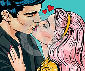 Pop Art Kissing Couple.Love Pop Art illustration of Kissing Couple.Pop Art love. Valentines day postcard. Hollywood movie scene.