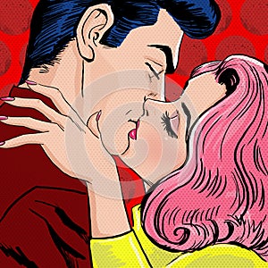 Pop Art Kissing Couple. Love Pop Art illustration of Kissing Couple. Pop Art love. Valentines day postcard. Hollywood movie
