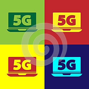 Pop art Laptop with 5G new wireless internet wifi icon isolated on color background. Global network high speed