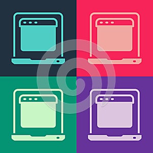 Pop art Laptop with browser window icon isolated on color background. Computer notebook with empty screen sign. Vector