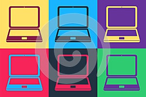 Pop art Laptop icon isolated on color background. Computer notebook with empty screen sign. Vector