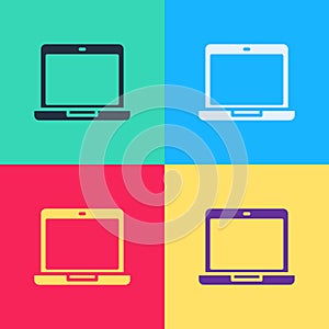 Pop art Laptop icon isolated on color background. Computer notebook with empty screen sign. Vector Illustration