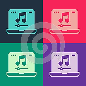 Pop art Laptop with music note symbol on screen icon isolated on color background. Vector
