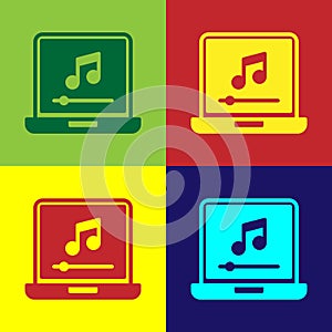 Pop art Laptop with music note symbol on screen icon isolated on color background. Vector