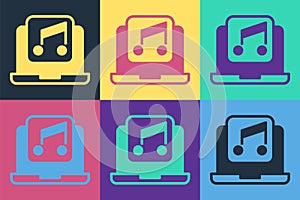 Pop art Laptop with music note symbol on screen icon isolated on color background. Vector