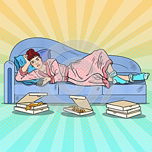 Pop Art Lazy Woman Lying on Sofa and Watching TV with Pizza